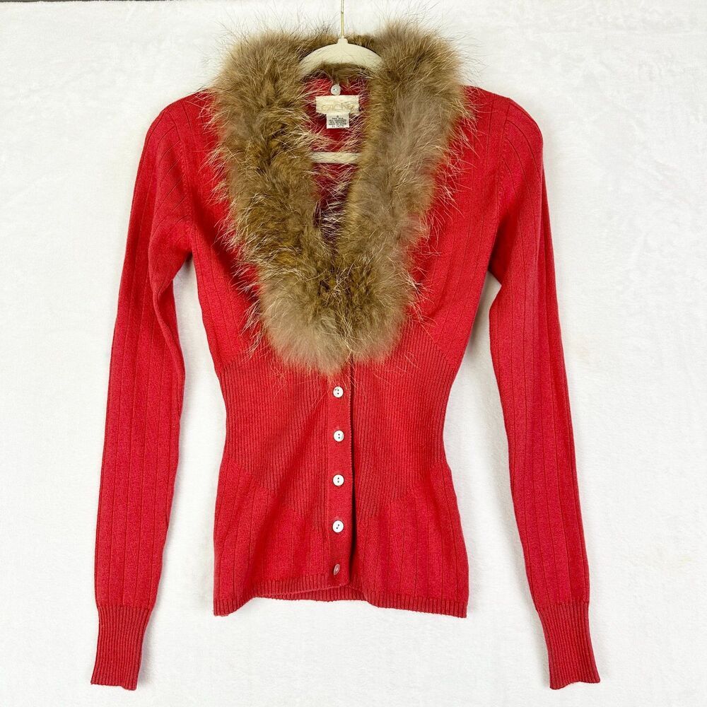 Cache Vintage Y2K Silk Cashmere Genuine Fur Collar Cardigan Top Size Small Red